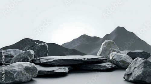A serene pinnacle tripper nature podium with natural stone slate platforms and rough rocks set against a minimalist mountain silhouette for product display