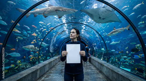 Woman holding blank sign in an aquarium tunnel with sharks and fish