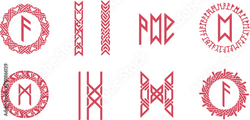 Schilderij op canvas Collection of intricate ancient runic symbols and alphabets with decorative knot