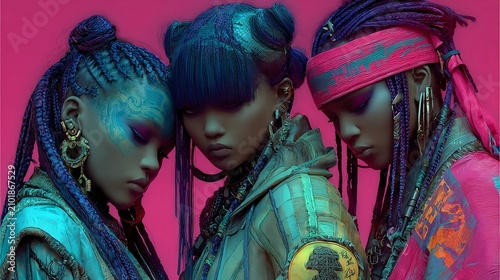 Women in Futuristic Neon Fashion with Braids and Space Buns