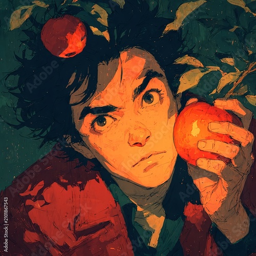 Young Person Holding Red Apple in Expressive Painted Portrait