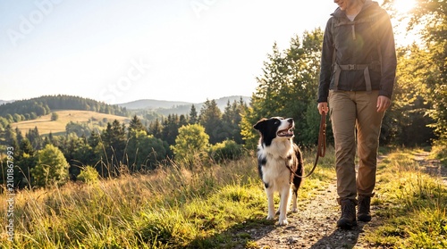Border collie is walking on leash with owner along nature trail, loyal companionship scene for outdoor pet brand marketing