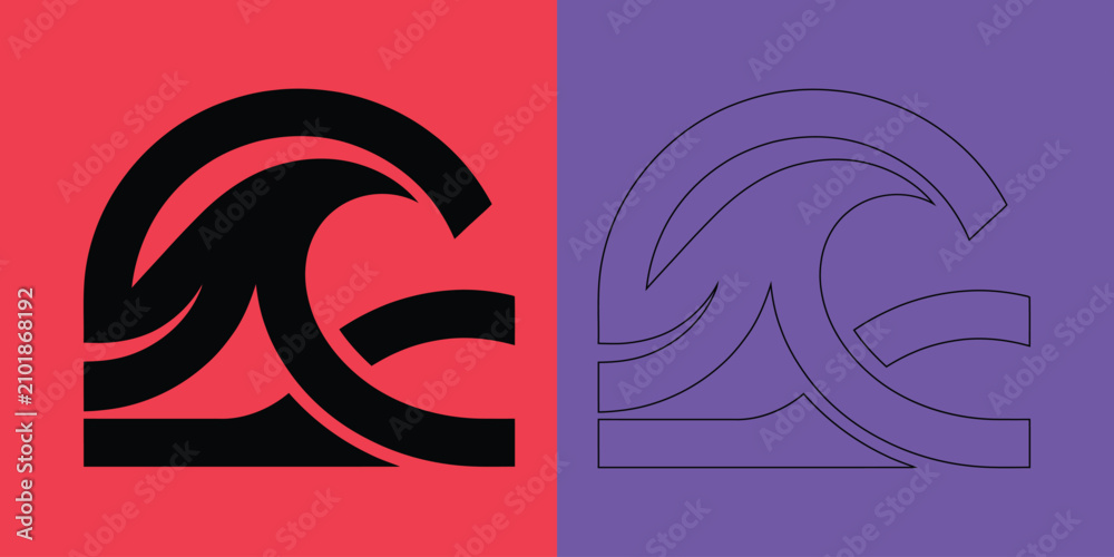 Fototapeta premium Stylized ocean wave symbol in solid black and outline versions on red and purple backgrounds