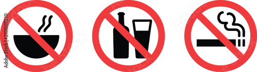 Vector illustration of prohibition icons set for no eating drinking smoking