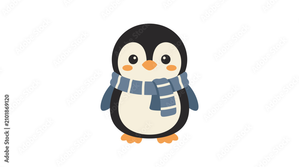 Obraz premium Cute cartoon penguin wearing a blue striped scarf.