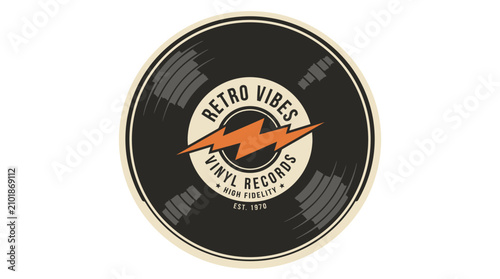 Retro Vibes Vinyl Records Logo Emblem with Lightning Bolt Design.