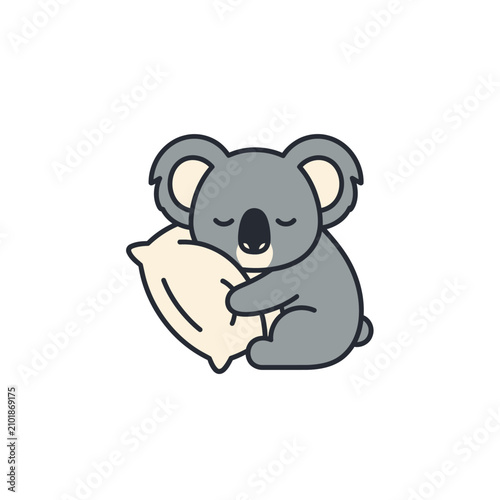 Cute cartoon koala bear sleeping peacefully while hugging a small soft pillow.