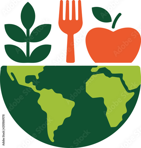 Vector illustration of plant life and fresh fruit with earth globe, sustainabili