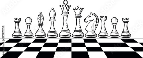 Foto Hand drawn chess pieces standing on chessboard vector illustration featuring ki