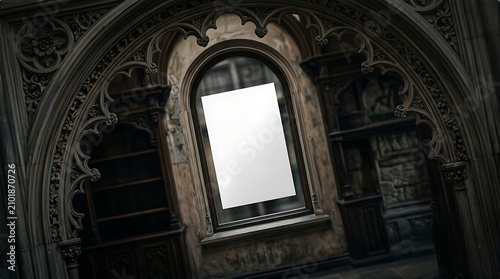 Ornate Gothic Arched Window with Empty Pane in Ancient Library Interior with Stone Walls and Wooden Shelves