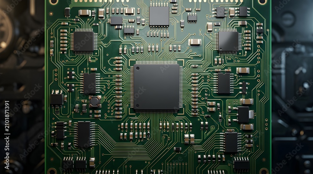 Fototapeta premium Green electronic circuit board with central processor and components