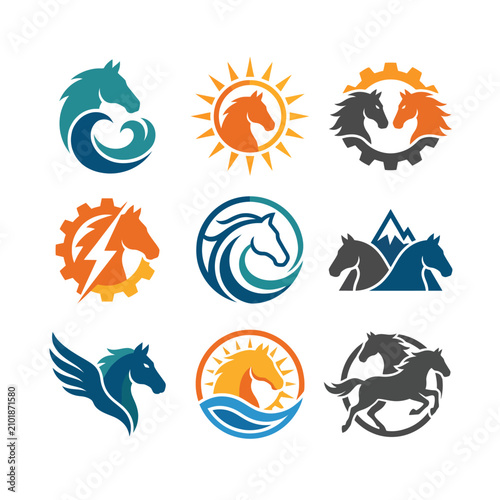 This collection showcases nine unique horse logo designs, featuring artistic styles that represent strength, agility, and the spirit of horses in various dynamic forms.