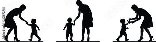 Adult guiding child silhouette walking, parenting support illustration, family care vector, teaching child steps, parent child interaction, nurturing relationship design