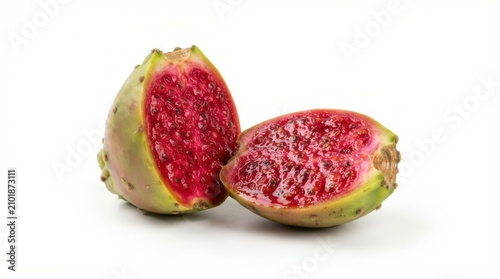 Fresh prickly pear cactus fruit sliced in half revealing vibrant red interior