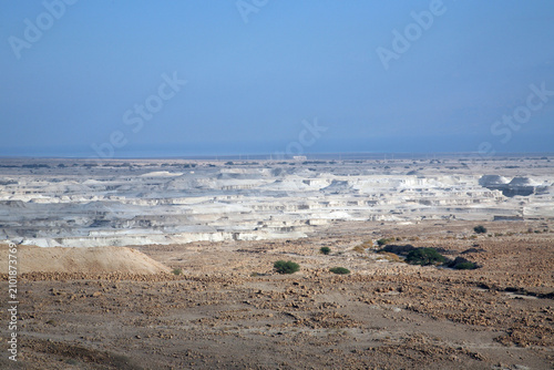Waterless landscape of the Judea desert, view from Masada towards the Dead Sea, Israel