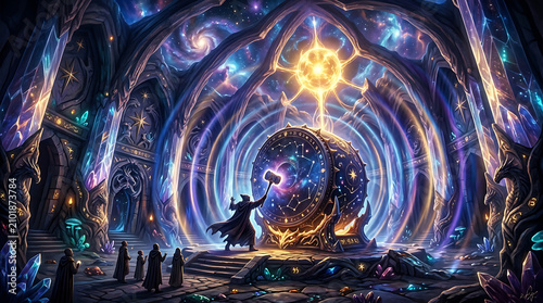 Mystical Sorcerer Channeling Cosmic Energy Into A Celestial Portal Within An Ancient Enchanted Crystal Cavern Sanctuary