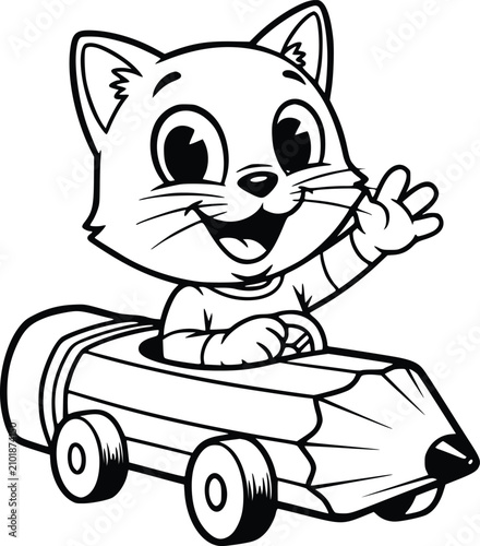 Cat Character Driving a Toy Car, Cartoon Outline Design with Playful Expression and Motion Lines on a Clean Background