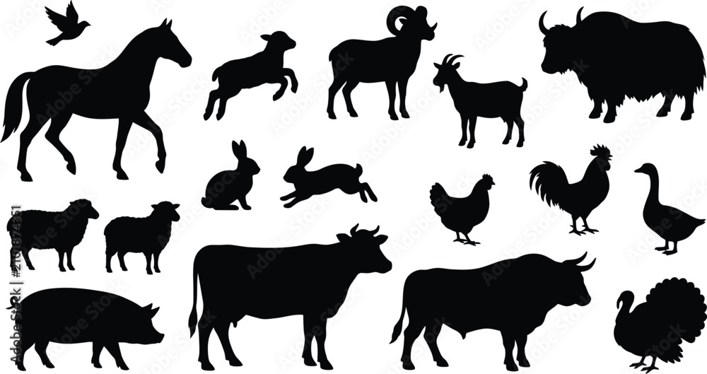 Obraz premium Collection of black farm animal silhouettes including livestock poultry and domesticated mammals on white background