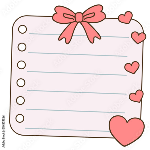 Illustrated Pink Notepad with Bow and Hearts Isolated
