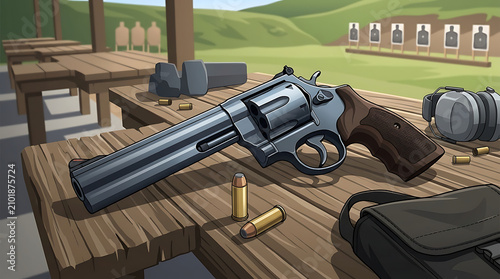Revolver Handgun with Ammunition on Wooden Table at Outdoor Shooting Range with Targets