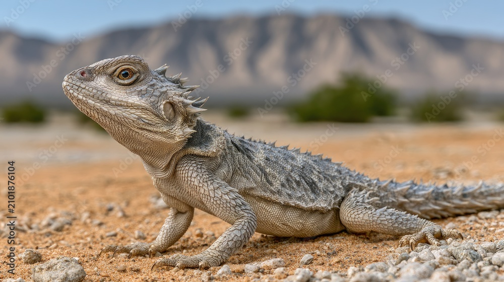 Fototapeta premium Spiny lizard stands on sandy terrain with pebbles in a desert landscape under a pale blue sky and distant mountains