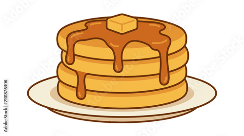 Fényképezés Illustration of a stack of fluffy pancakes with melting butter and syrup on a plate