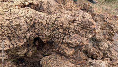 Принти на полотні Closeup of weathered tree bark with rugged cracked texture, natural earthy tones