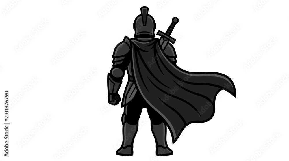 Obraz premium Black and white illustration of a medieval knight standing with a sword.