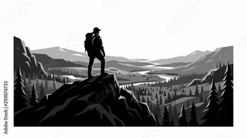 Silhouette of a lone hiker standing on a mountain cliff peak.