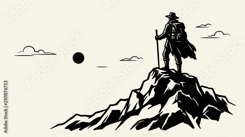 Obraz na płótnie A solitary traveler standing on top of a rocky mountain peak.