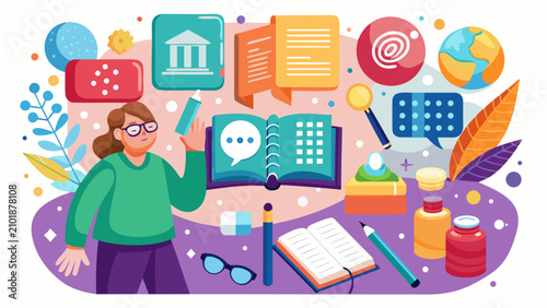 Creative female student surrounded by educational icons and books for learning concept