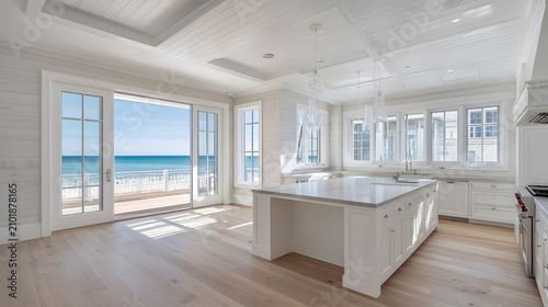 Elegant Coastal Kitchen with Ocean View in Hamptons Style, Bright and Airy Interior Design