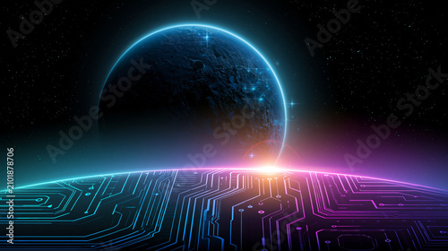 Futuristic digital planet sunrise over neon circuit landscape, technology and space concept art