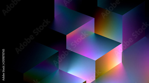 Abstract geometric neon cubes with iridescent gradient lighting for futuristic technology backgrounds