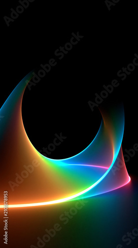 Abstract colorful neon light wave with curved rainbow ribbon on black background