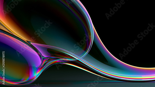 Abstract iridescent liquid glass wave with colorful fluid curves on black background for design