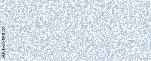 A seamless, intricate blue floral and paisley line art pattern on a white background.