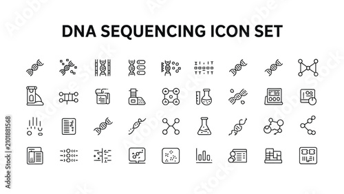 DNA sequencing icon set with various scientific and laboratory symbols  genetic research and biotechnology illustrations