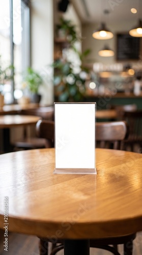 Blank acrylic table sign holder. Empty menu stand mockup on a wooden restaurant table.
