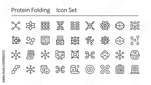 Protein folding icon set with various molecular and chemical symbols and structures on white background