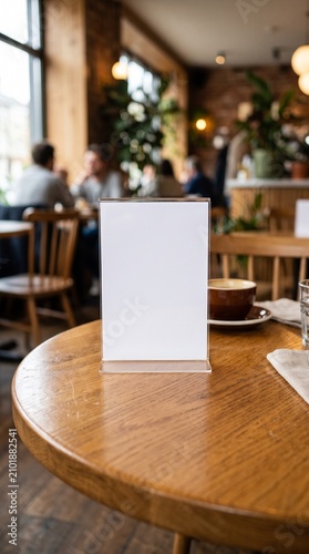 Tabletop sign holder on wooden table. Restaurant menu board stand