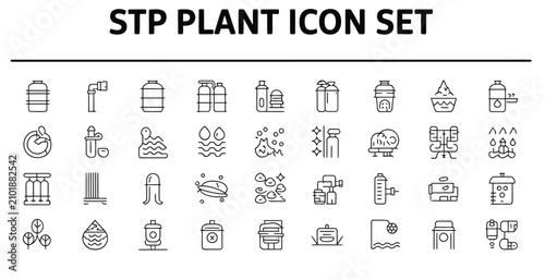 STP plant icon set with various wastewater treatment process symbols and signs