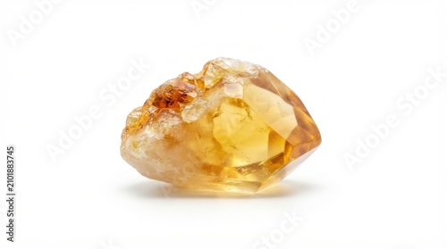 Natural citrine gemstone crystal with golden yellow hues isolated on white