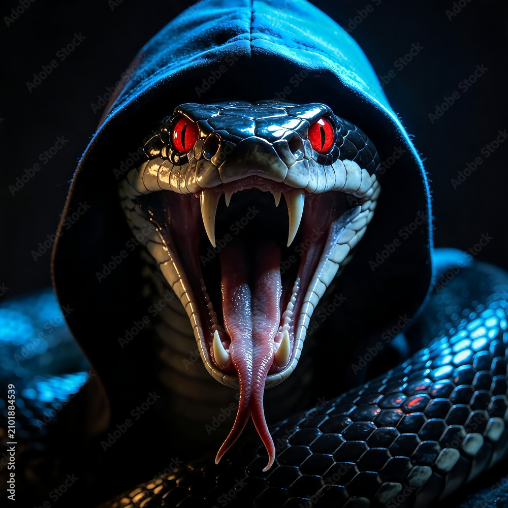 Fototapeta premium Menacing Hooded Snake with Glowing Red Eyes and Open Fangs