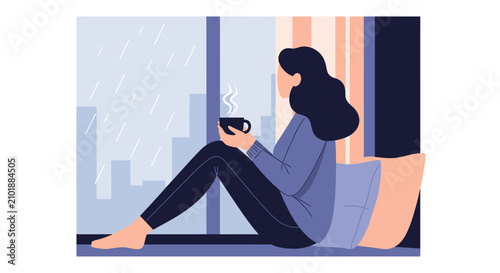 Cozy Illustration of a Woman Looking Out the Window at a Rainy Cityscape with a Hot Drink, Concept of Solitude, Relaxation, and Hygge Lifestyle