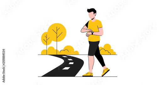 Man Walking Outdoors and Checking Smartwatch, Fitness Tracker and Healthy Lifestyle Flat Vector Illustration