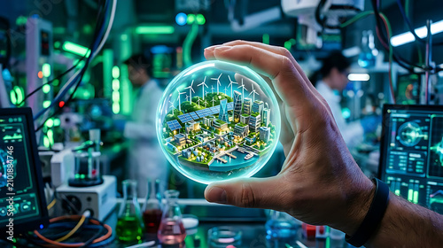 Scientist holding a glowing digital earth globe. Future technology research in laboratory.