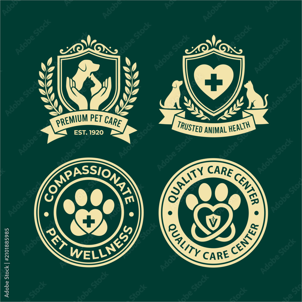 Fototapeta premium Set of veterinary and pet care service logos and emblems with veterinary hospital wellness