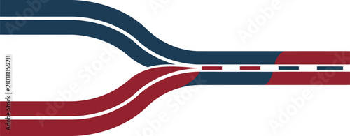 Abstract graphic representation of two roads merging into one single lane on white background