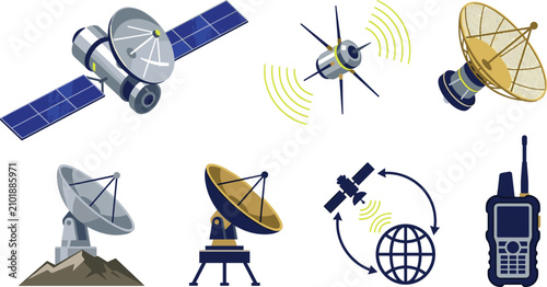 Photos Satellite Communication Technology Collection Vector Set with Spacecraft Ground